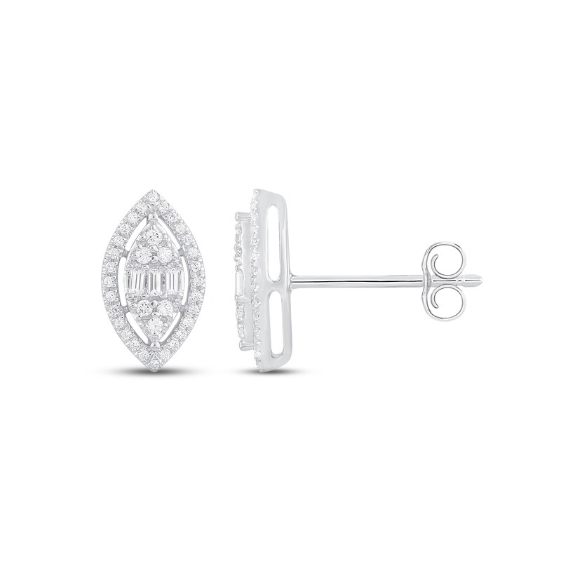 Diamond Marquise Stud Earrings 1/4 ct tw Round & Baguette-cut 10K White Gold