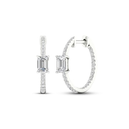 Diamond Huggie Hoop Earrings 1 ct tw Emerald & Round-cut 14K White Gold