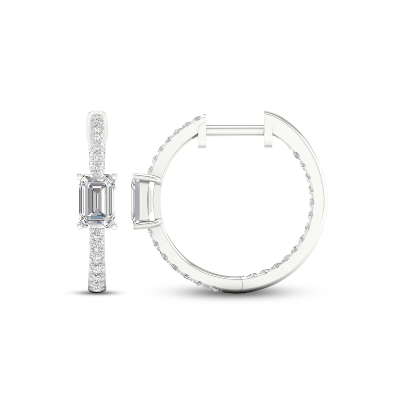 Diamond Huggie Hoop Earrings 1 ct tw Emerald & Round-cut 14K White Gold