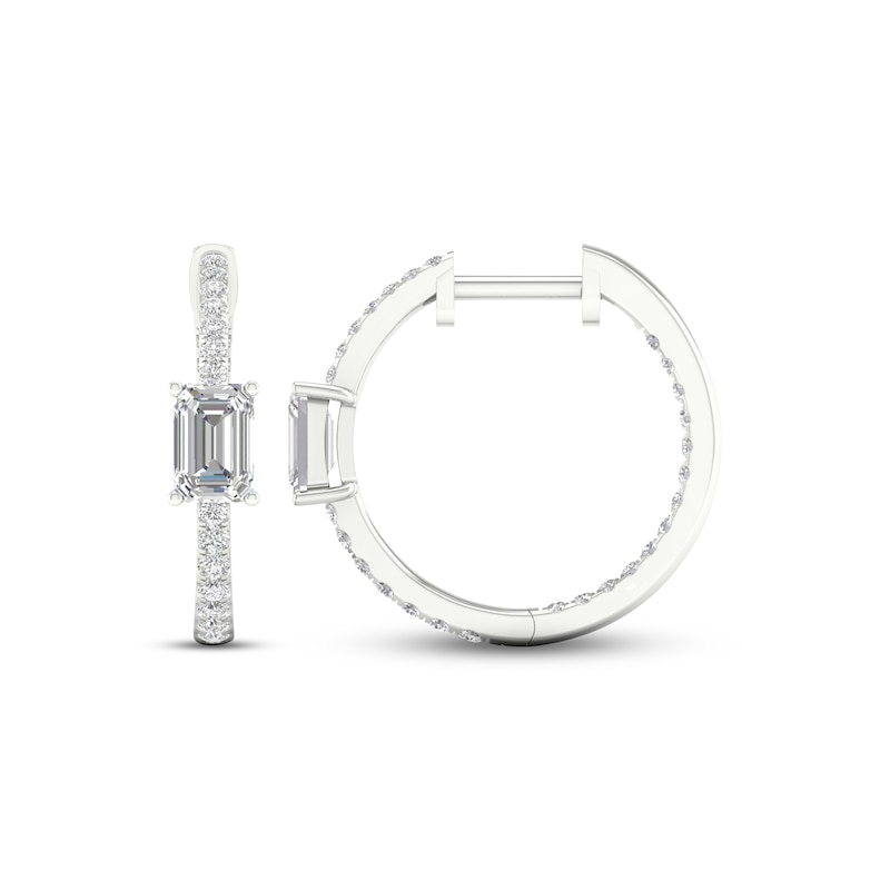 Main Image 3 of Diamond Huggie Hoop Earrings 1 ct tw Emerald & Round-cut 14K White Gold