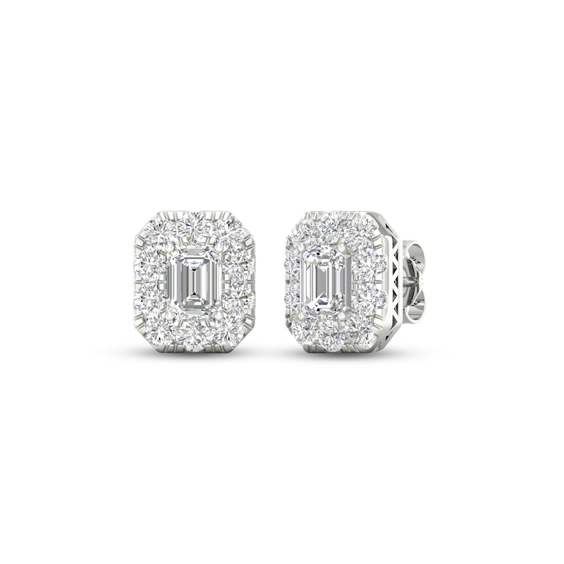 Diamond Stud Earrings 3 ct tw Emerald & Round-cut 14K White Gold