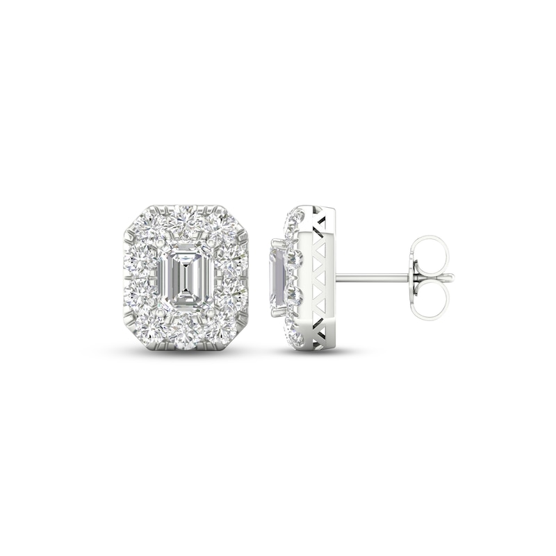Diamond Stud Earrings 3 ct tw Emerald & Round-cut 14K White Gold