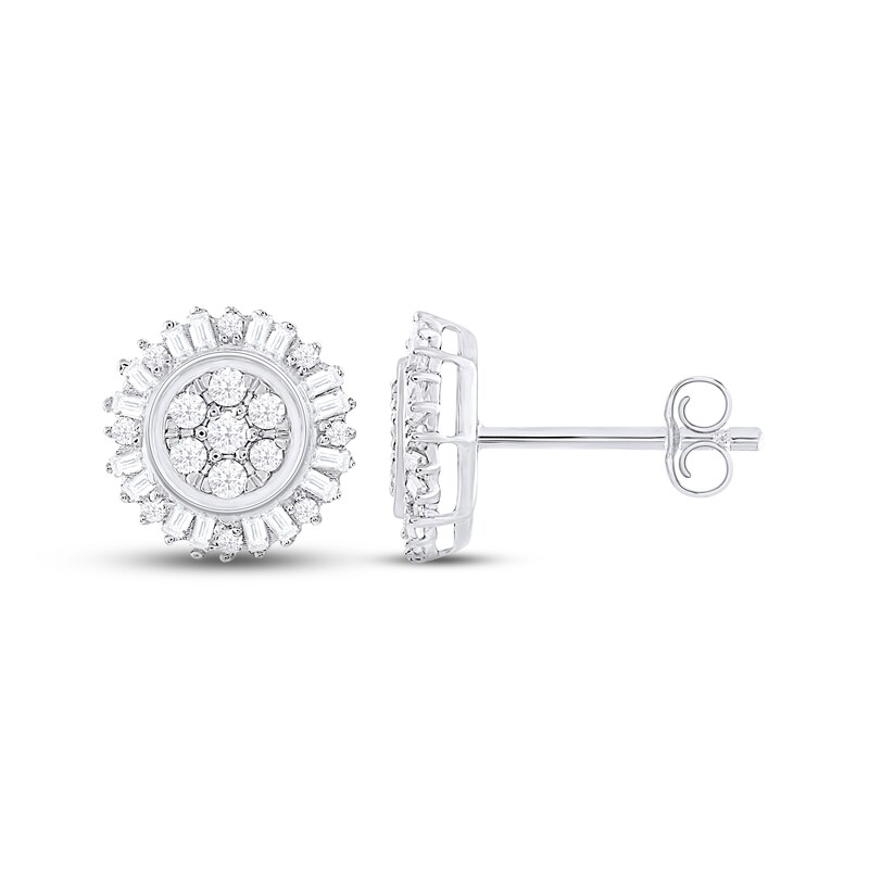 Main Image 1 of Diamond Circle Stud Earrings 1/2 ct tw Baguette & Round-cut 10K White Gold