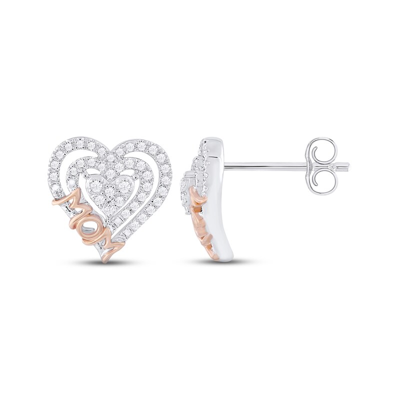 Main Image 1 of Diamond Heart &quot;Mom&quot; Stud Earrings 1/4 ct tw Round-cut 10K Two-Tone Gold