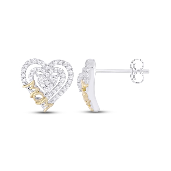 Diamond Heart "Mom" Stud Earrings 1/4 ct tw Round-cut 10K Two-Tone Gold