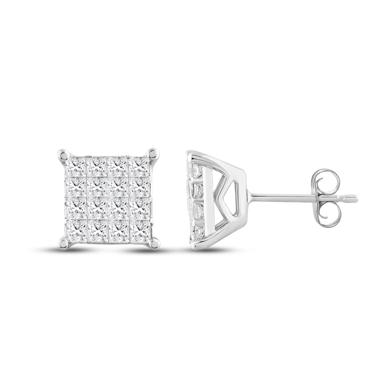 Multi-Diamond Square Stud Earrings 1 ct tw Princess-cut 10K White Gold