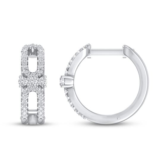 Diamond Three-Stone Huggie Hoop Earrings 1/3 ct tw Round-cut 10K White Gold