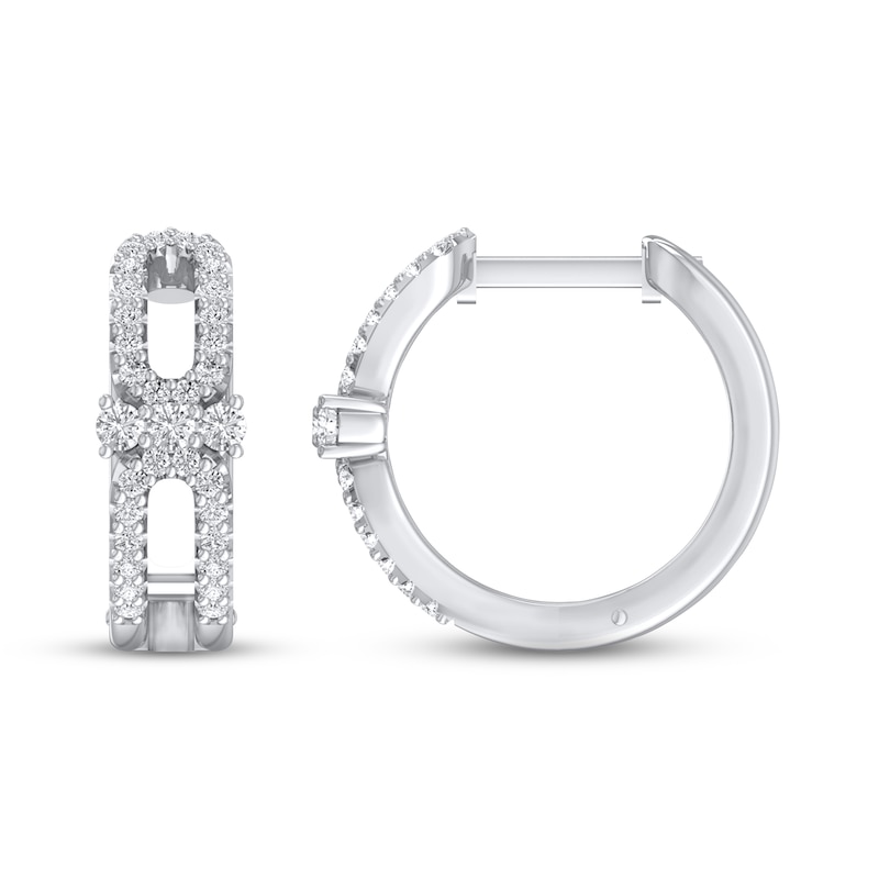 Main Image 1 of Diamond Three-Stone Huggie Hoop Earrings 1/3 ct tw Round-cut 10K White Gold