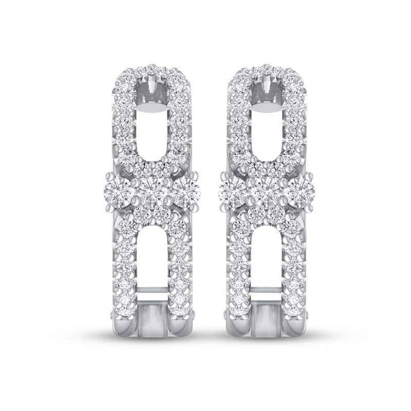 Main Image 2 of Diamond Three-Stone Huggie Hoop Earrings 1/3 ct tw Round-cut 10K White Gold