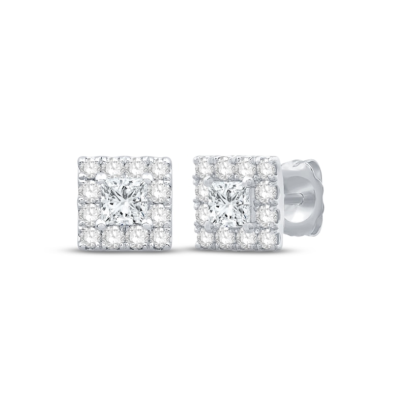 Diamond Stud Earrings 1 ct tw Princess & Round-cut 10K White Gold