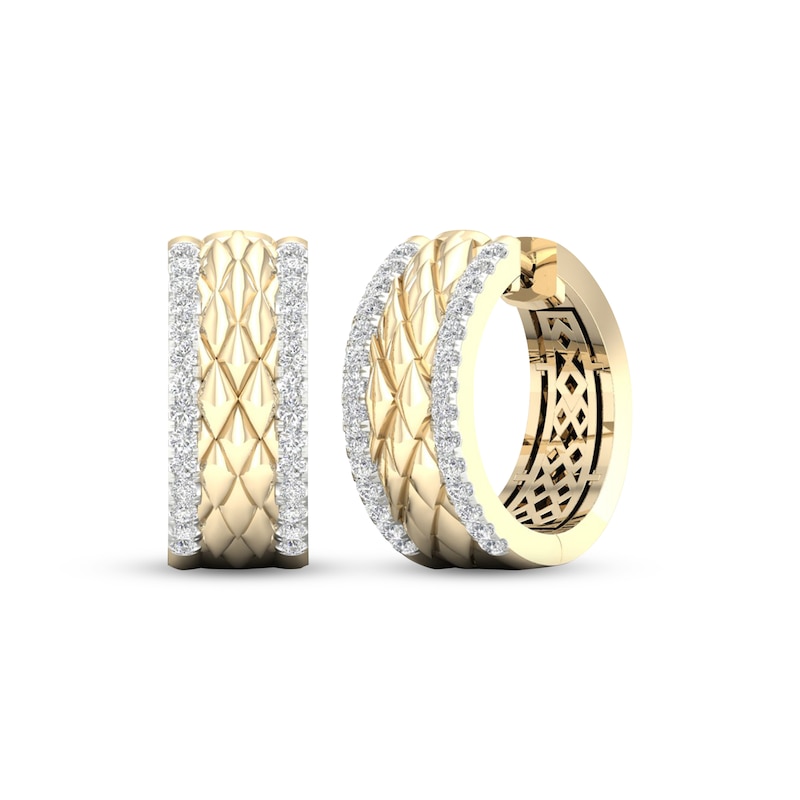 Main Image 1 of Diamond Edge Quilted Hoop Earrings 1/2 ct tw Round-cut 10K Yellow Gold