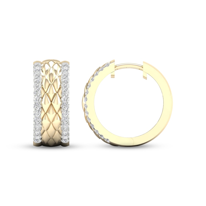 Main Image 3 of Diamond Edge Quilted Hoop Earrings 1/2 ct tw Round-cut 10K Yellow Gold