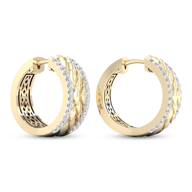 Main Image 4 of Diamond Edge Quilted Hoop Earrings 1/2 ct tw Round-cut 10K Yellow Gold