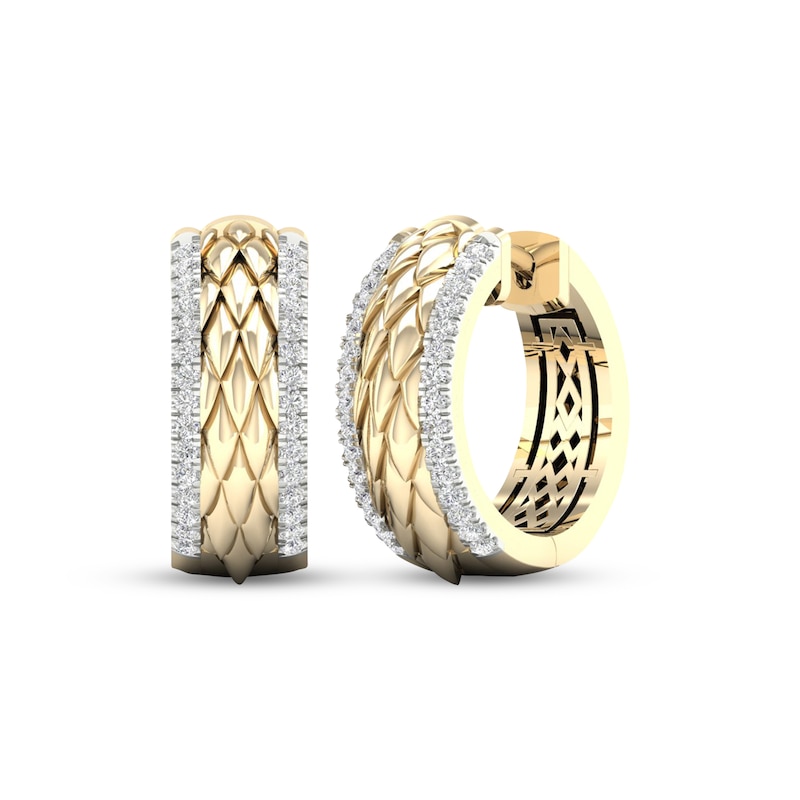 Main Image 1 of Diamond Edge Quilted Hoop Earrings 1/4 ct tw Round-cut 10K Yellow Gold