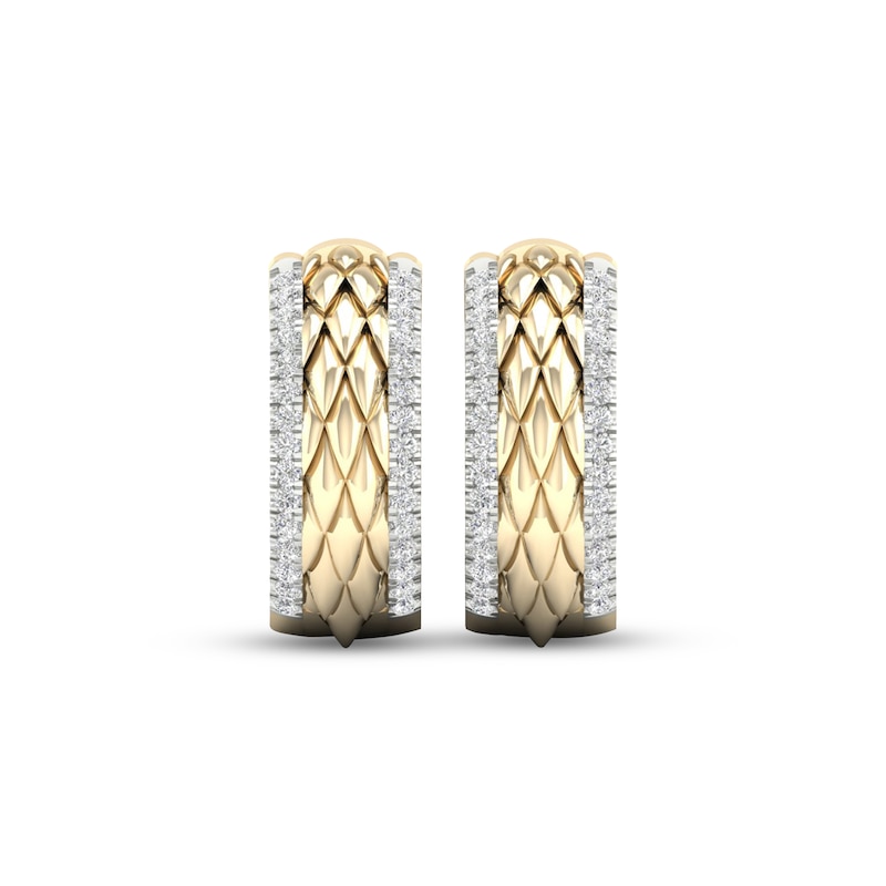 Main Image 2 of Diamond Edge Quilted Hoop Earrings 1/4 ct tw Round-cut 10K Yellow Gold