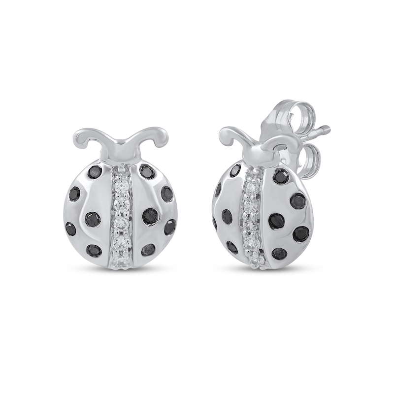 Main Image 1 of Black & White Diamond Ladybug Stud Earrings 1/6 ct tw Round-cut Sterling Silver