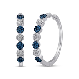 Blue & White Diamond Flower Hoop Earrings 1/2 ct tw Round-cut Sterling Silver