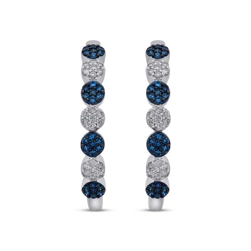 Main Image 2 of Blue & White Diamond Flower Hoop Earrings 1/2 ct tw Round-cut Sterling Silver