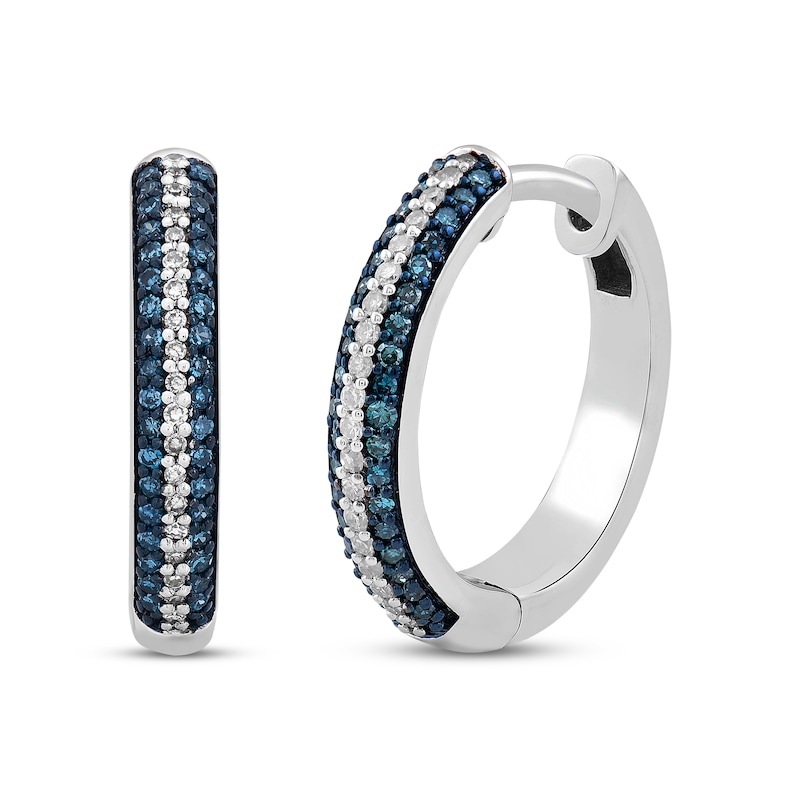 Main Image 1 of Blue & White Diamond Pave Hoop Earrings 1/4 ct tw Round-cut 10K White Gold