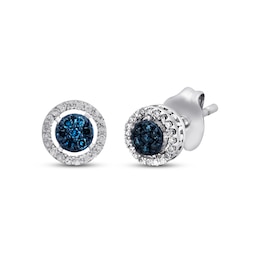Blue & White Multi-Diamond Halo Stud Earrings 1/10 ct tw Round-cut Sterling Silver