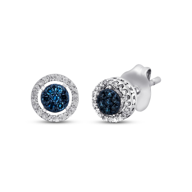 Main Image 1 of Blue & White Multi-Diamond Halo Stud Earrings 1/10 ct tw Round-cut Sterling Silver