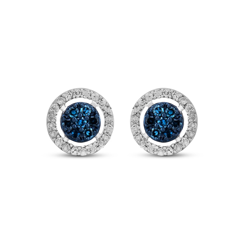 Main Image 2 of Blue & White Multi-Diamond Halo Stud Earrings 1/10 ct tw Round-cut Sterling Silver