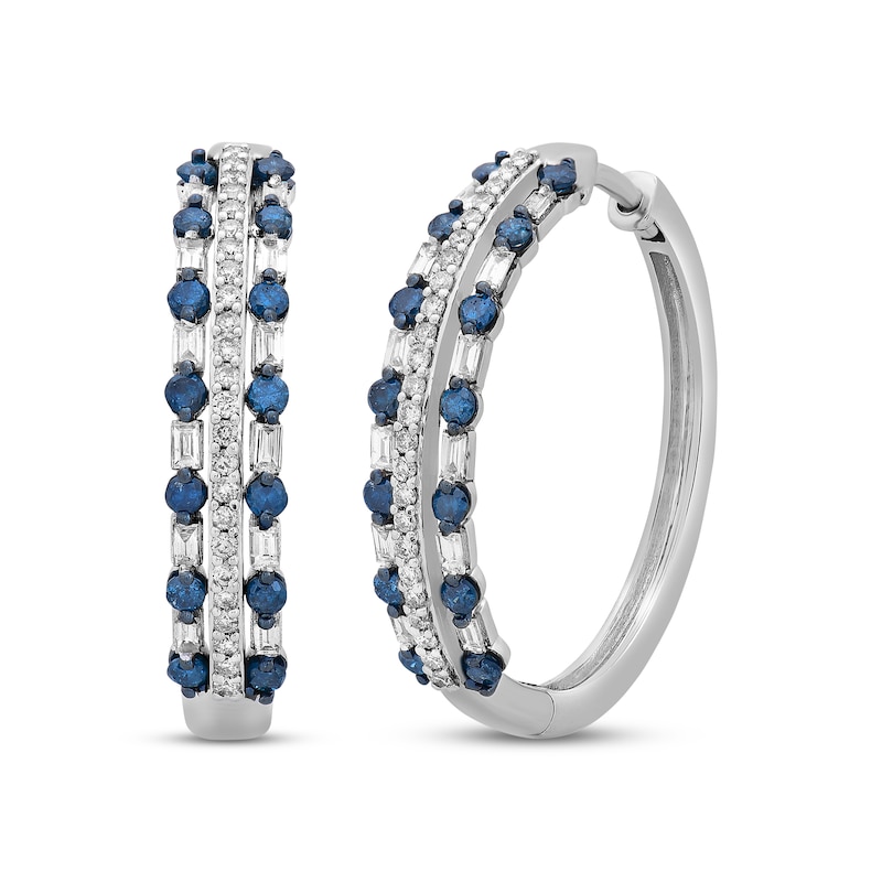 Main Image 1 of Blue & White Diamond Three-Row Hoop Earrings 1 ct tw Round & Baguette-cut 10K White Gold