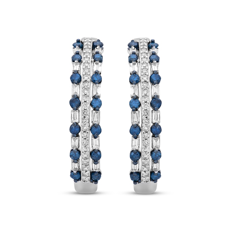 Main Image 2 of Blue & White Diamond Three-Row Hoop Earrings 1 ct tw Round & Baguette-cut 10K White Gold