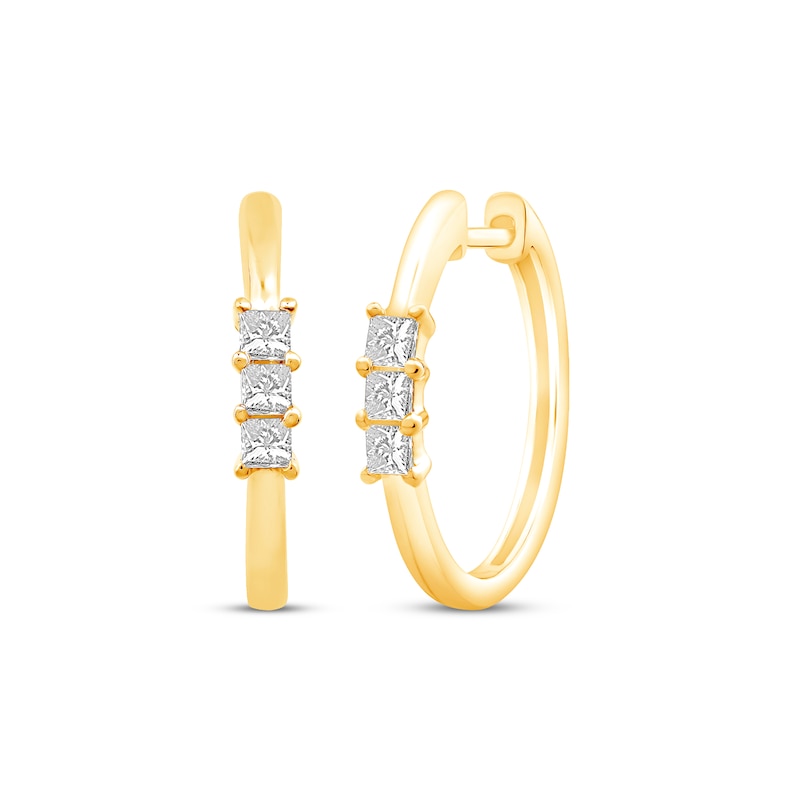 Princess-Cut Diamond Three-Stone Hoop Earrings 10K Yellow Gold