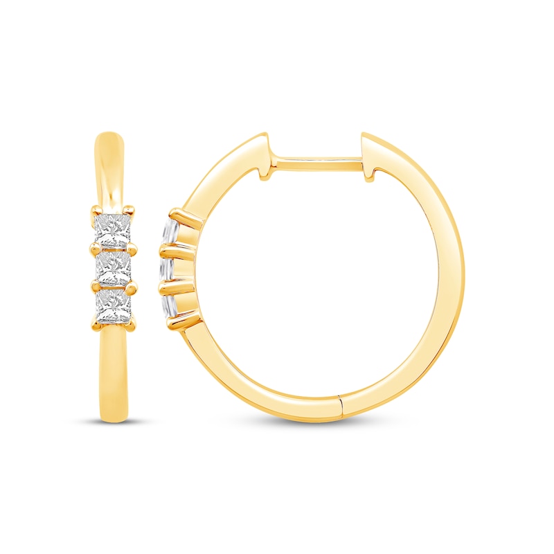 Princess-Cut Diamond Three-Stone Hoop Earrings 10K Yellow Gold