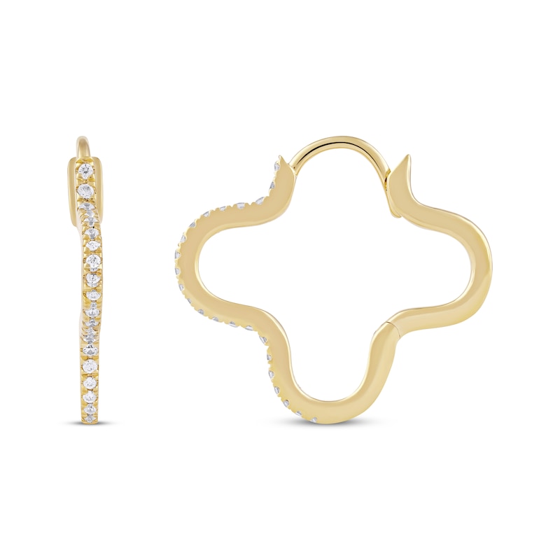 Main Image 3 of Round-Cut Diamond Clover Hoop Earrings 1/4 ct tw 10K Yellow Gold