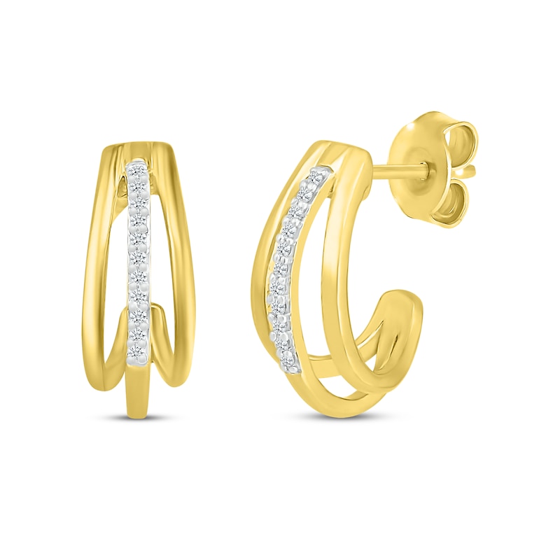 Round-Cut Diamond J-Hoop Huggie Earrings 1/20 ct tw 10K Yellow Gold