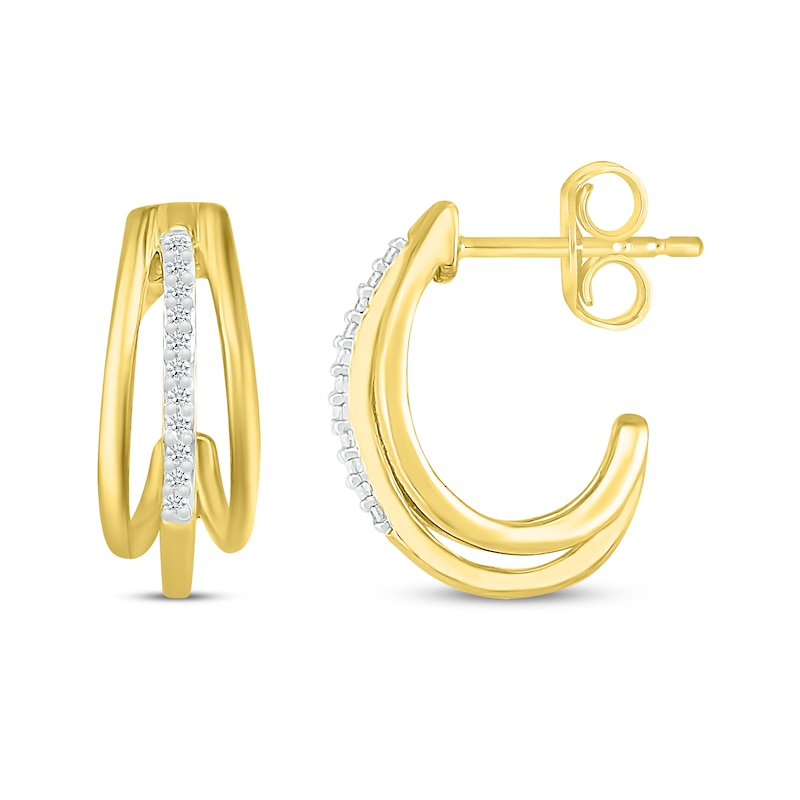 Main Image 3 of Round-Cut Diamond J-Hoop Huggie Earrings 1/20 ct tw 10K Yellow Gold