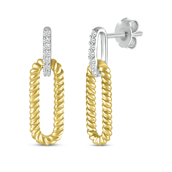 Round-Cut Diamond Paperclip Drop Earrings 1/15 ct tw Sterling Silver & 10K Yellow Gold