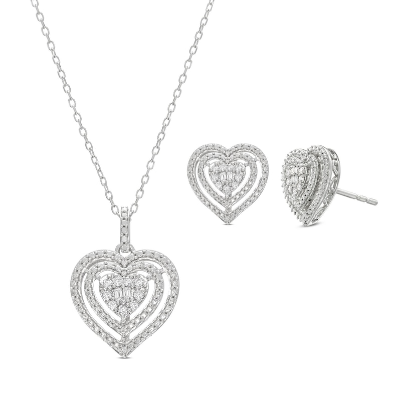 Tapered Baguette & Round-Cut Diamond Heart Necklace & Earrings Gift Set 1/4 ct tw Sterling Silver 18"