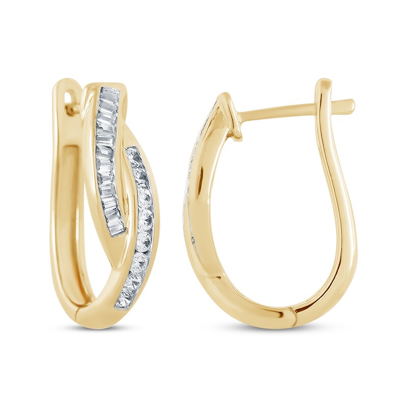 Main Image 1 of Baguette & Round-Cut Diamond Crossover Hoop Earrings 1/2 ct tw 10K Yellow Gold