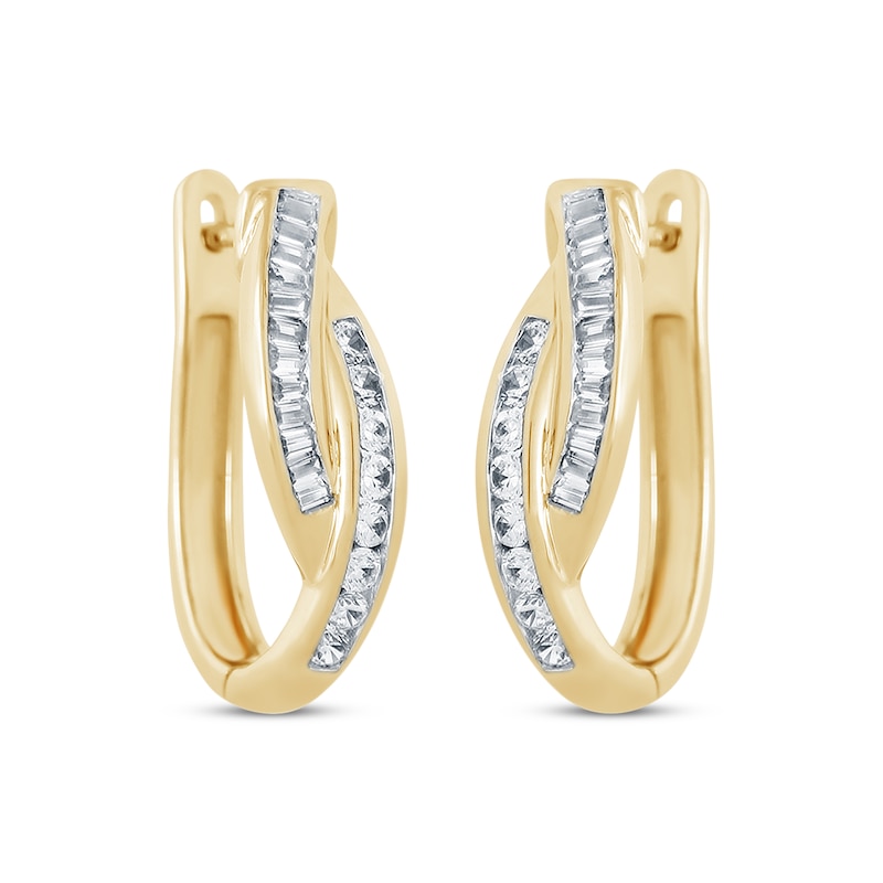 Main Image 2 of Baguette & Round-Cut Diamond Crossover Hoop Earrings 1/2 ct tw 10K Yellow Gold