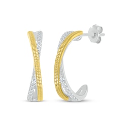 Diamond Crossover Open Hoop Earrings 1/5 ct tw Sterling Silver & 10K Yellow Gold