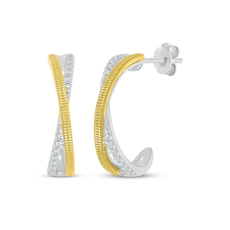 Main Image 1 of Diamond Crossover Open Hoop Earrings 1/5 ct tw Sterling Silver & 10K Yellow Gold