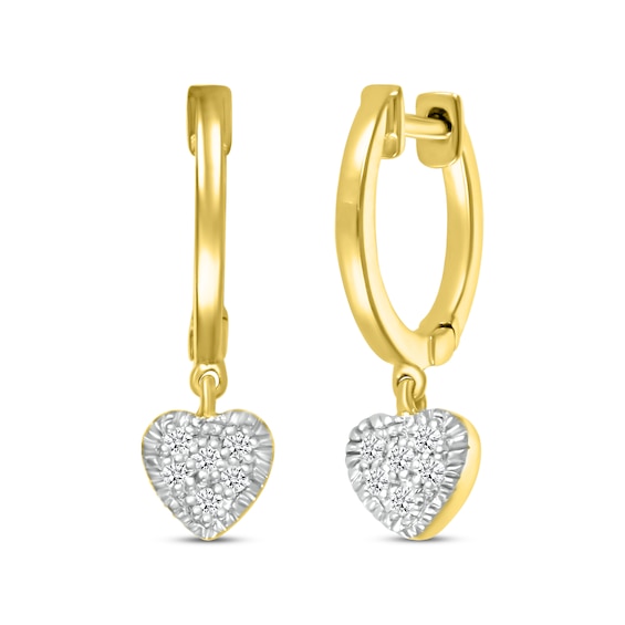 Multi-Diamond Heart Dangle Hoop Earrings 1/8 ctw tw 10K Yellow Gold