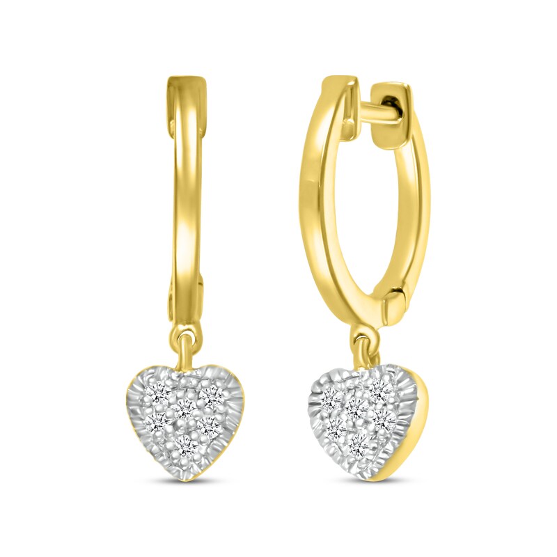 Main Image 1 of Multi-Diamond Heart Dangle Hoop Earrings 1/8 ctw tw 10K Yellow Gold