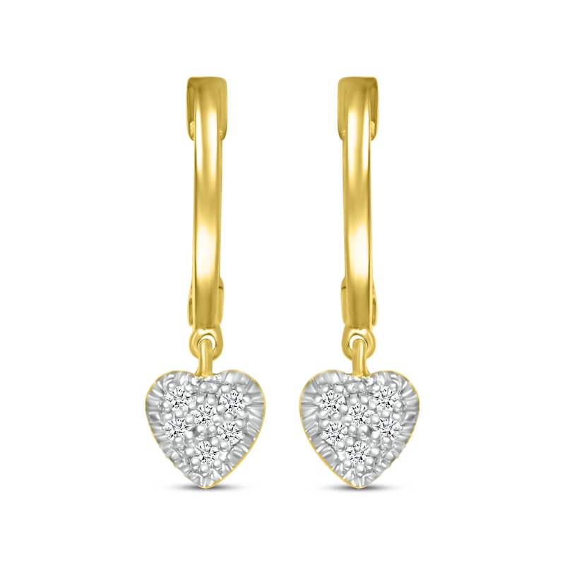 Main Image 2 of Multi-Diamond Heart Dangle Hoop Earrings 1/8 ctw tw 10K Yellow Gold