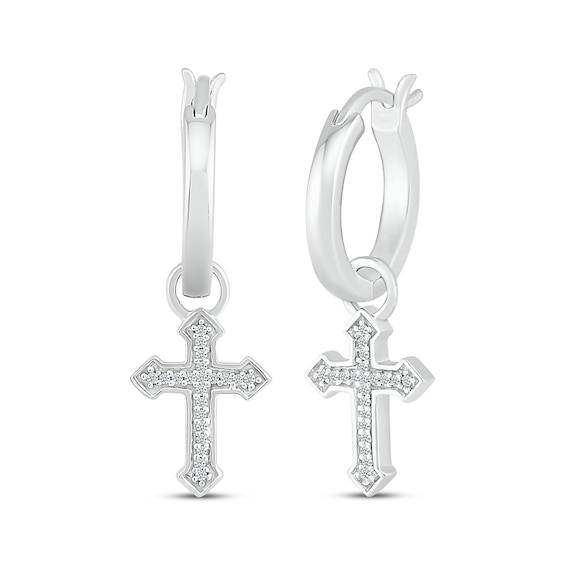 Diamond Gothic-Style Cross Dangle Hoop Earrings 1/15 ct tw Sterling Silver