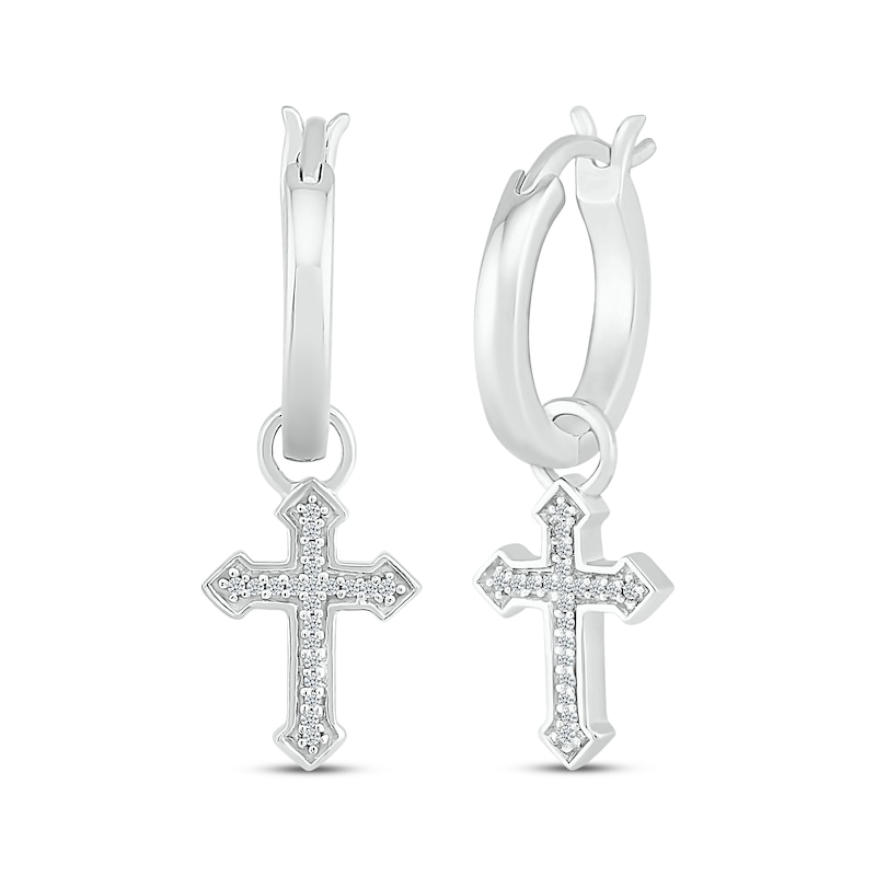 Main Image 1 of Diamond Gothic-Style Cross Dangle Hoop Earrings 1/15 ct tw Sterling Silver