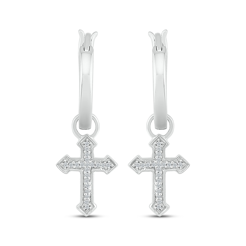 Main Image 2 of Diamond Gothic-Style Cross Dangle Hoop Earrings 1/15 ct tw Sterling Silver
