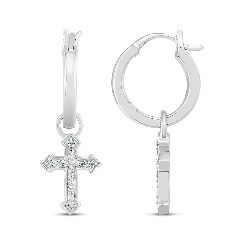 Main Image 3 of Diamond Gothic-Style Cross Dangle Hoop Earrings 1/15 ct tw Sterling Silver