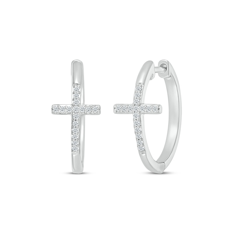Main Image 1 of Diamond Cross Hoop Earrings 1/6 ct tw Sterling Silver