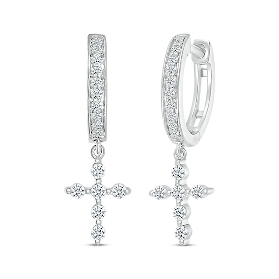Diamond Cross Dangle Hoop Earrings 1/3 ct tw Sterling Silver