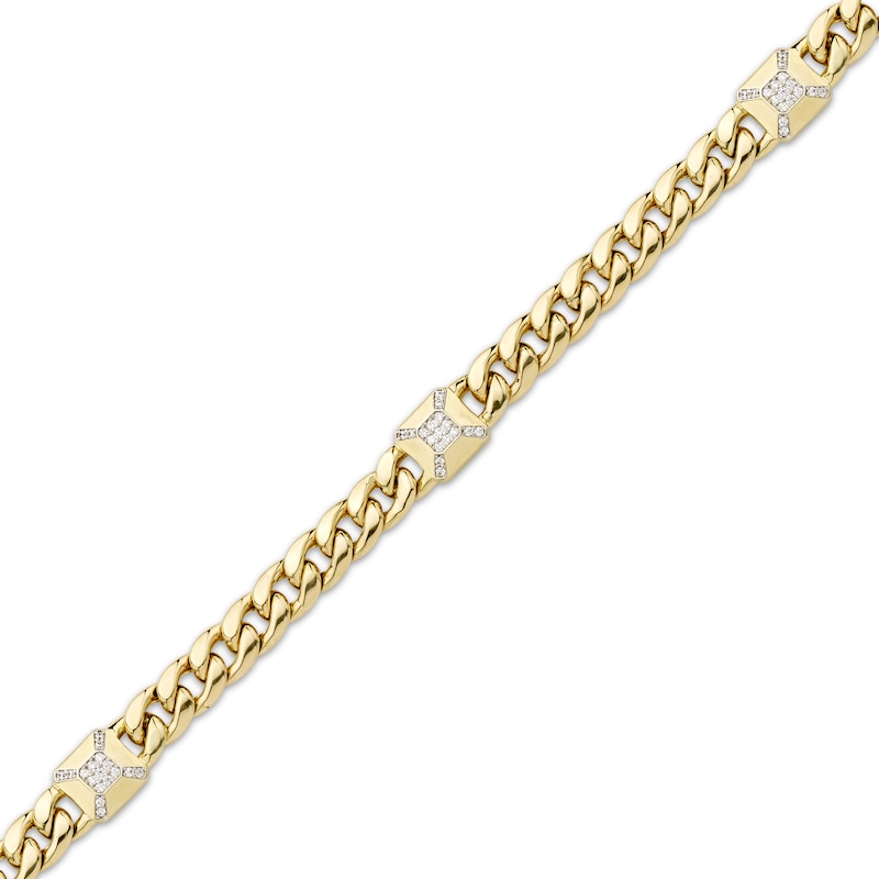 Men's Diamond Station Solid Cuban Curb Chain Bracelet 1/4 ct tw 10K Yellow Gold 8.5"