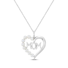 Cultured Pearl & White Lab-Created Sapphire Accent "Mom" Heart Necklace Sterling Silver 18"